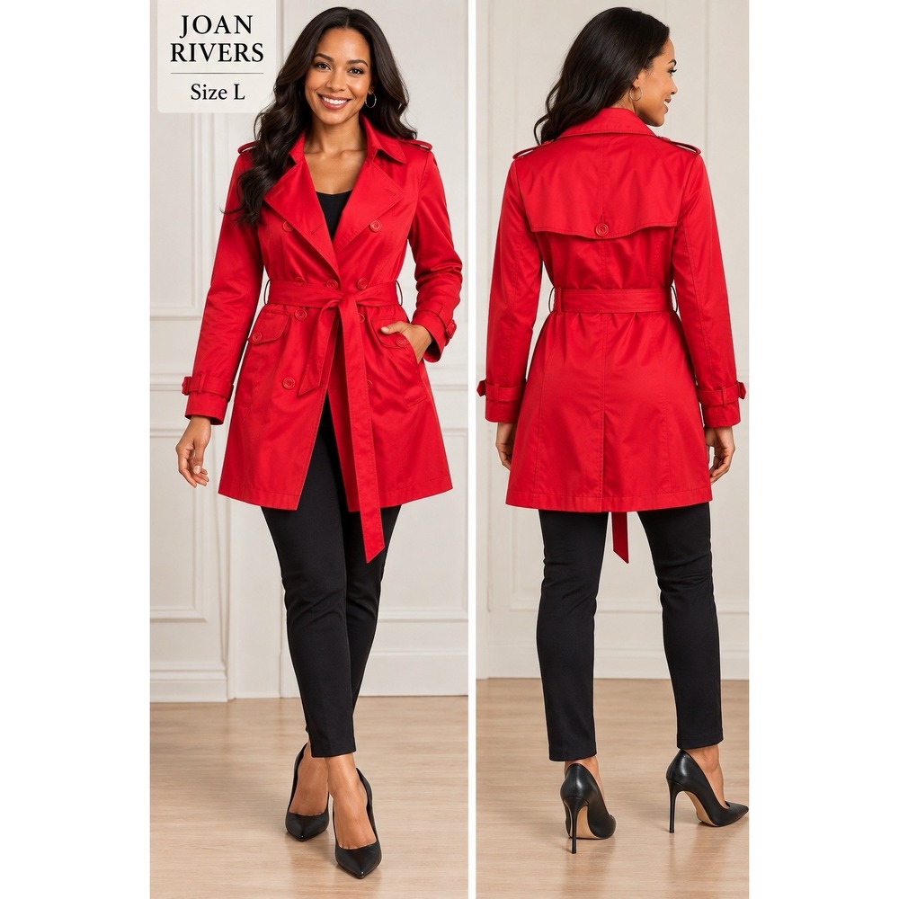 Joan Rivers Women's Red Satin Trench Coat Size L Belted Leopard Lining